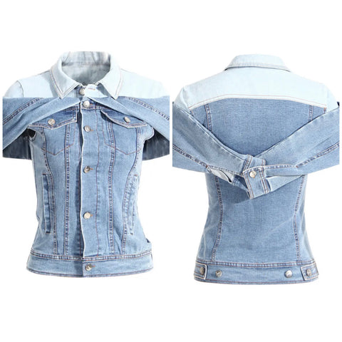 Women Fashion Button Up Denim Color Patchwork Jacket