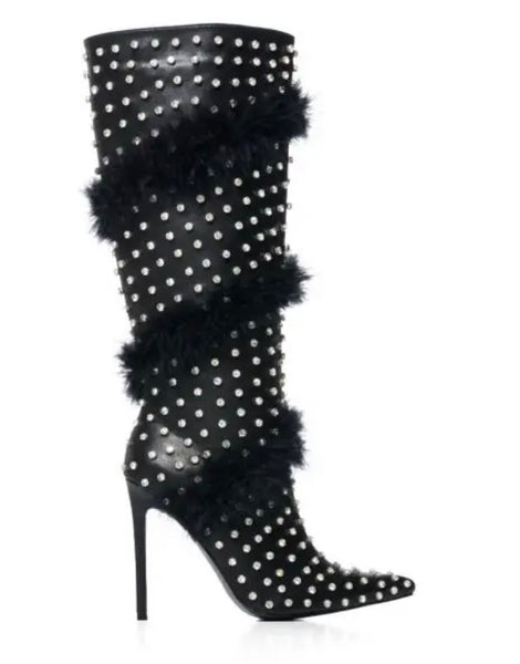 Women Bling Faux Fur Pointed Toe Knee High Boots
