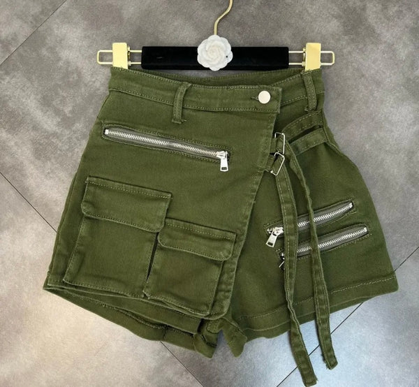 Women Fashion Zipper Pocket Wrap Denim Shorts