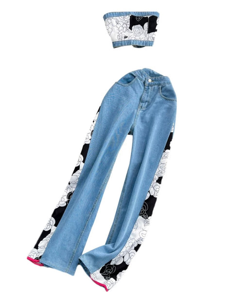 Women Strapless Denim Fashion Floral Patchwork Two Piece Pant Set