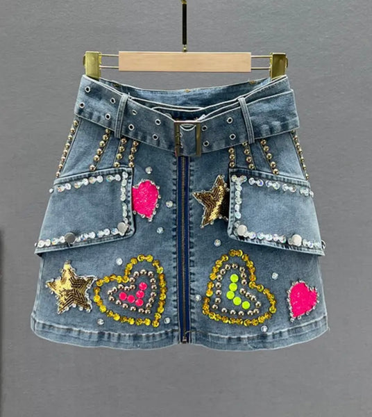 Women Front Zipper Fashion Heart Print Denim Skirt