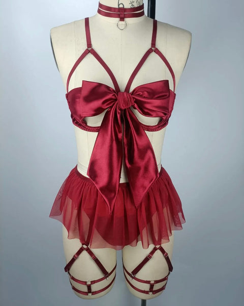 Women Sexy Bow Mesh Lingerie Set