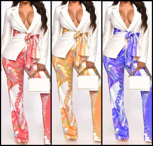 Women Sexy Full Sleeve Belted Blazer Two Piece Printed Pant Set