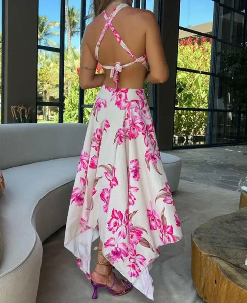 Women Sleeveless Open Back Pink Floral White Maxi Dress