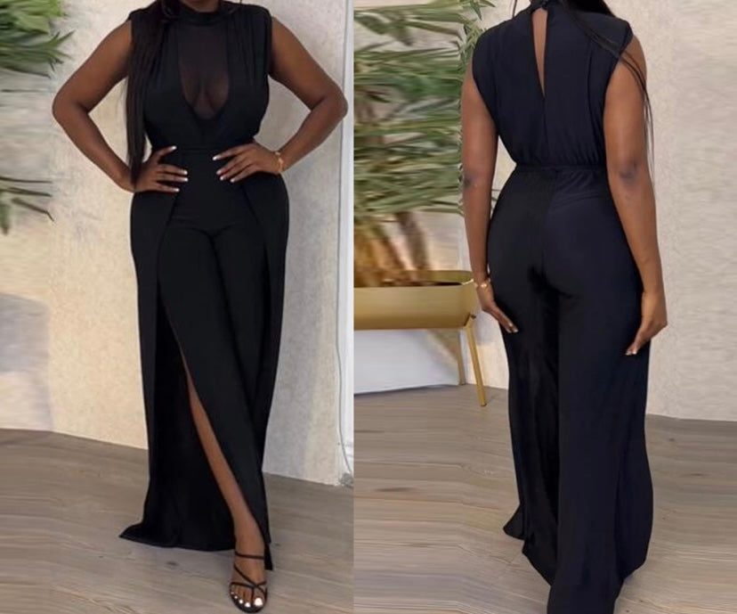 Women Black Sexy Sleeveless Mesh Patchwork Jumpsuit