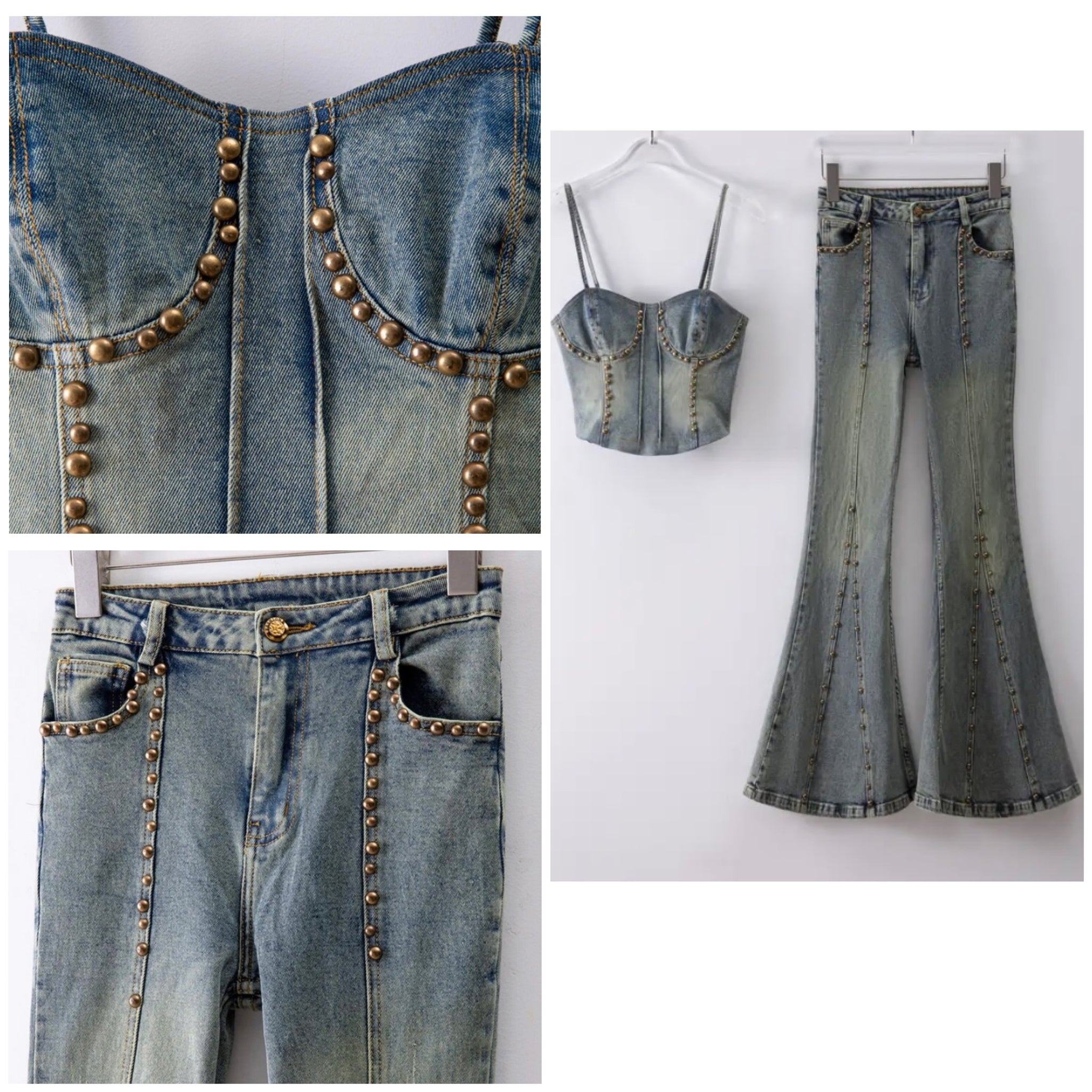 Women Sleeveless Fashion Gold Rivet Patchwork Denim Two Piece Pant Set