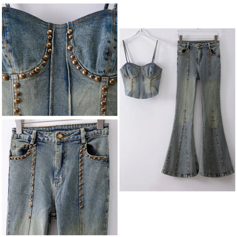 Women Sleeveless Fashion Gold Rivet Patchwork Denim Two Piece Pant Set
