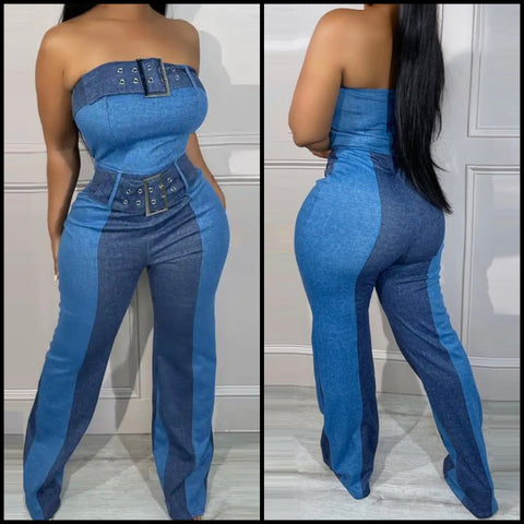 Women Sexy Buckled Strapless Denim Jumpsuit