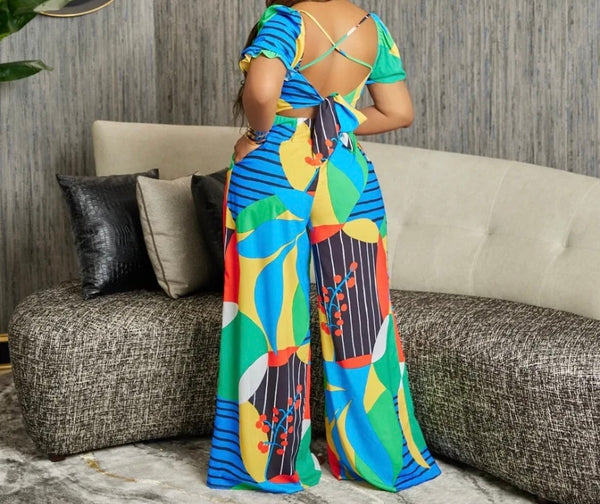 Women Printed Fashion Open Back Pocket Wide Leg Jumpsuit