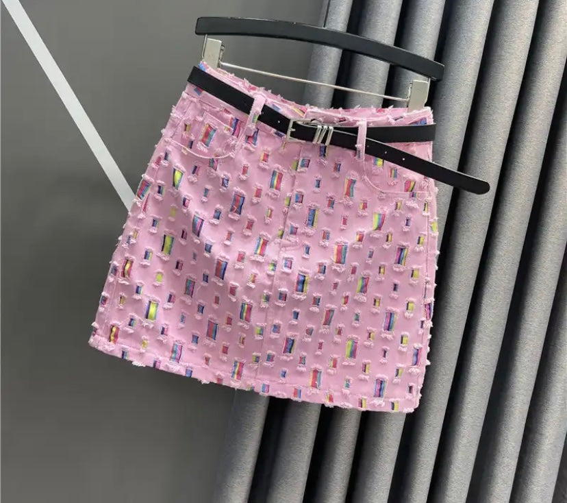 Women Ripped Fashion Pink Denim Skirt