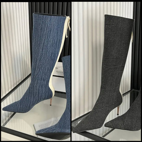Women Pointed Toe Back Zipper Fashion Denim Boots