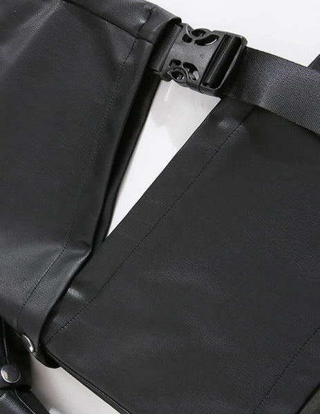 Women Black Faux Leather Buckled Cut Out Pants