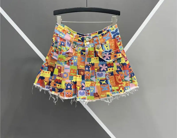 Women Fashion Cartoon Print Denim Skirt