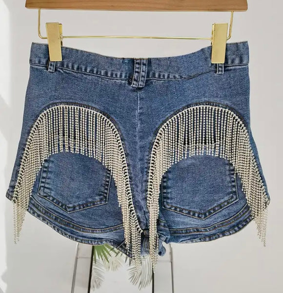 Women Rhinestone Tassel Fashion Denim Shorts