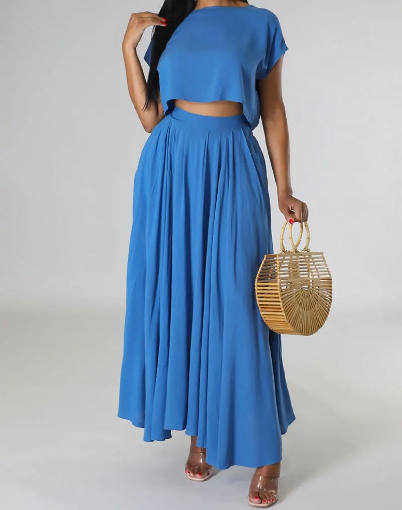 Women Solid Color Short Sleeve Two Piece Pleated Maxi Skirt Set