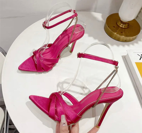 Women Pointed Toe High Heel Chain Ankle Strap Sandals