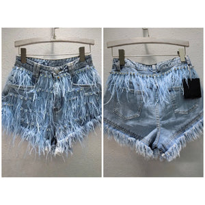 Women Rhinestone Feather Fashion Denim Shorts