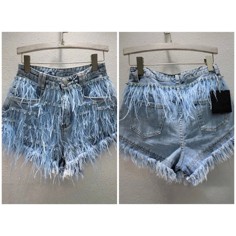 Women Rhinestone Feather Fashion Denim Shorts
