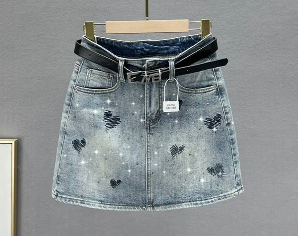 Women Heart Print Fashion Denim Skirt