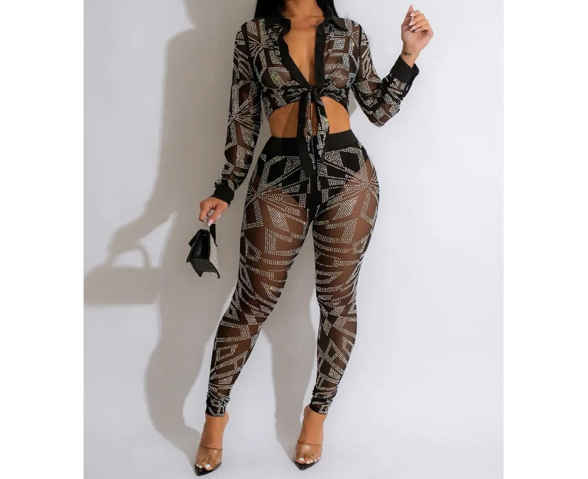 Women Full Sleeve Bling Mesh Button Up Two Piece Pant Set