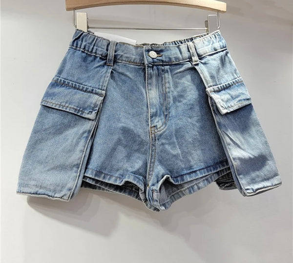Women Solid Color Fashion Side Pocket Denim Shorts
