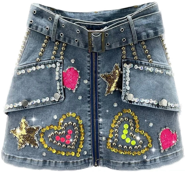 Women Front Zipper Fashion Heart Print Denim Skirt