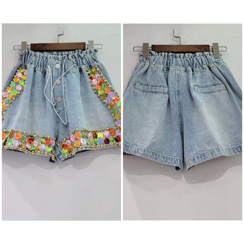 Women Gem Fashion Drawstring Denim Shorts