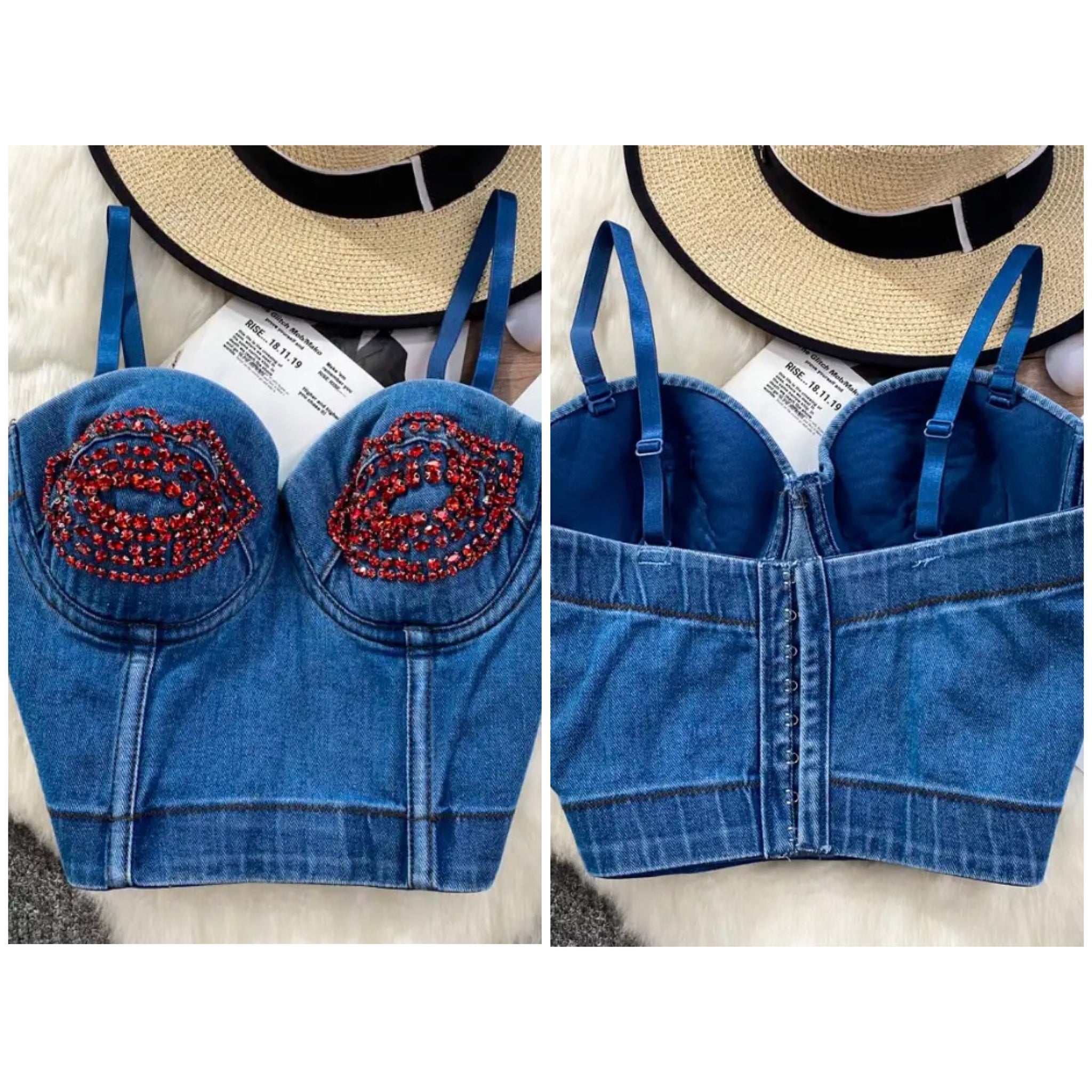 Women Sleeveless Red Rhinestone Patchwork Denim Crop Top