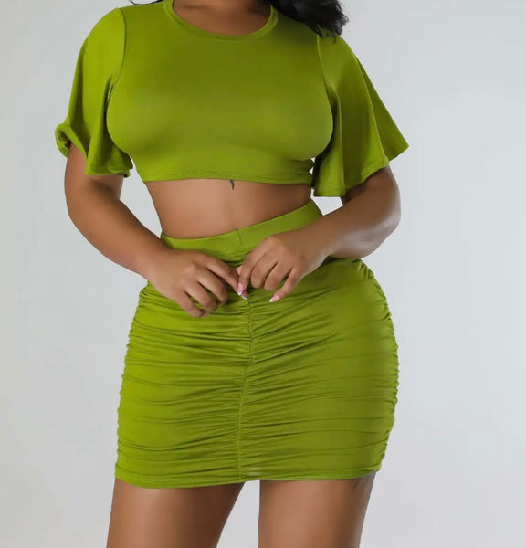 Women Ruche Sexy Short Sleeve Crop Two Piece Skirt Set