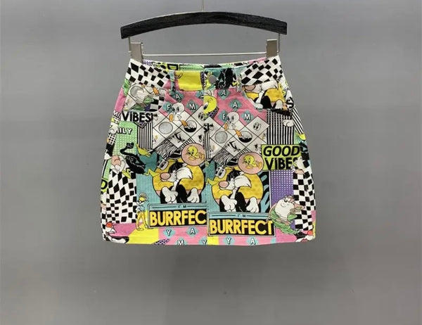 Women Cartoon Print Fashion Denim Skirt