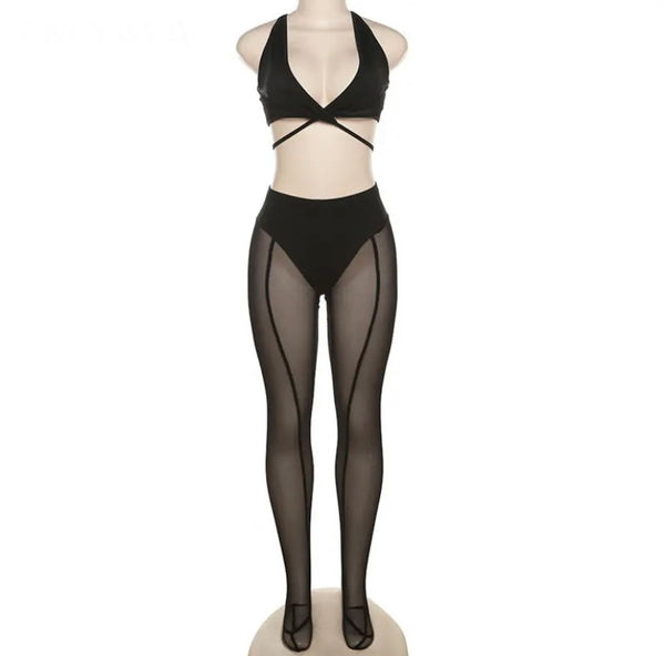 Women Black Sexy Sleeveless Feet In Two Piece Mesh Pant Set