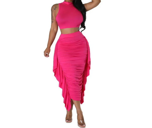 Women Sexy Solid Color Tie Up Open Back Sleeveless Crop Two Piece Skirt Set