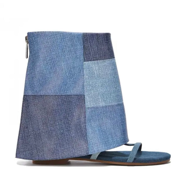 Women Fashion Flat Open Toe Color Patchwork Ankle Boots