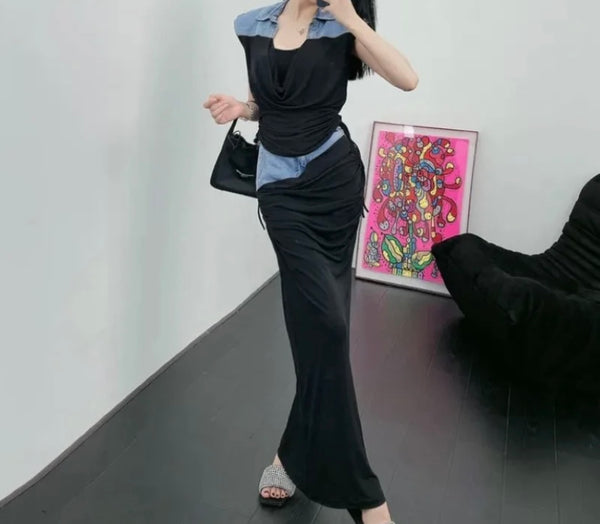 Women Sleeveless Sexy Fashion Denim Patchwork Drawstring Two Piece Maxi Skirt Set