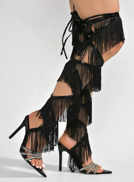 Women Rhinestone Open Toe Tassel Lace Up Sandals