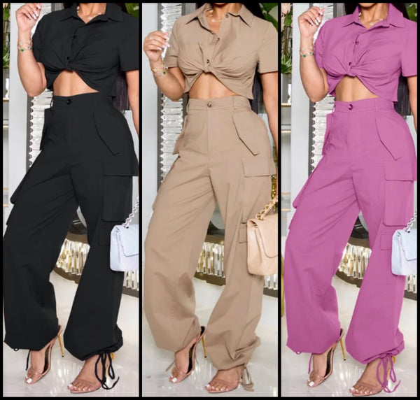 Women Short Sleeve Solid Color Button Up Two Piece Cargo Pant Set