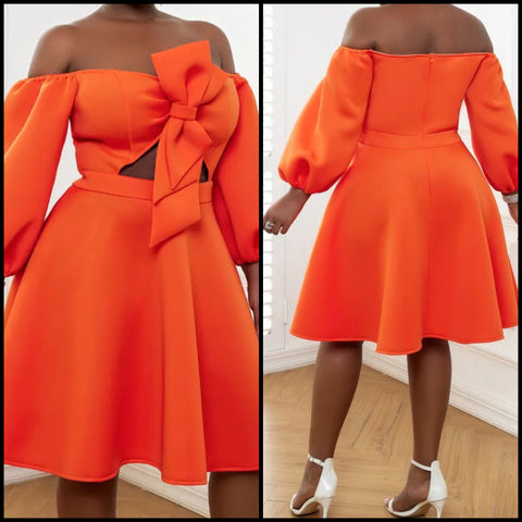 Women Sexy Orange Off The Shoulder Bow Dress