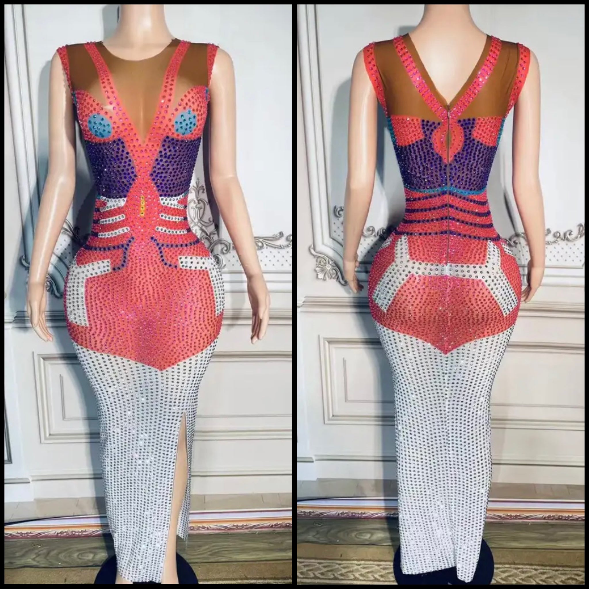 Women Sexy Sleeveless Crystal Mesh Maxi Dress