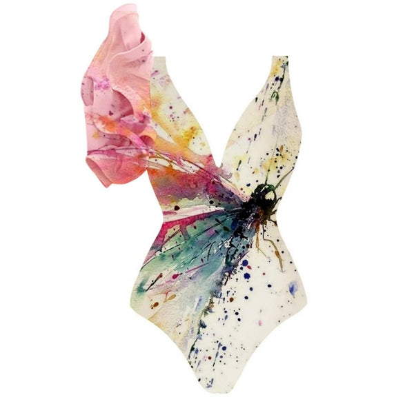 Women Sexy Multicolored Print Ruffled Swimsuit Cover Up Set