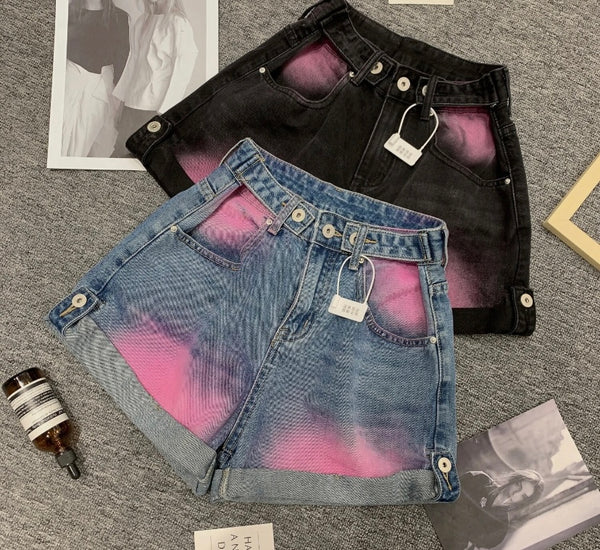 Women Fashion Pink Patchwork Denim Shorts