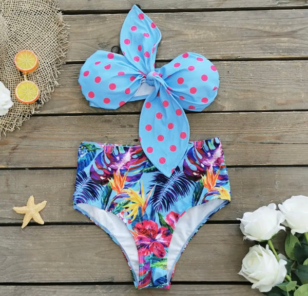 Women Sexy Strapless Polka Dot Floral Bikini Cover Up Set