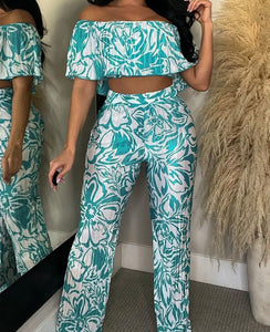 Women Ruffled Off The Shoulder Crop Two Piece Pant Set