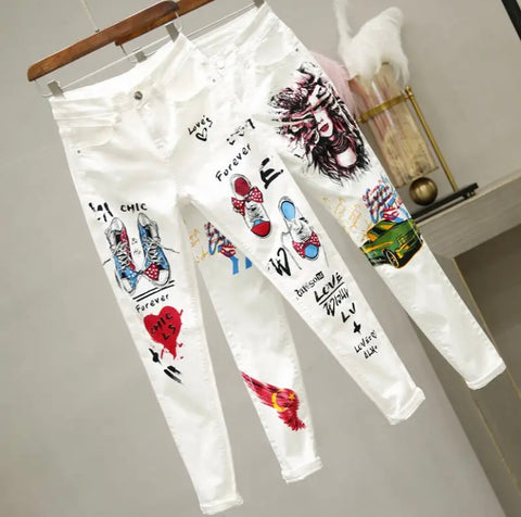 Women White Printed Fashion Denim Pants
