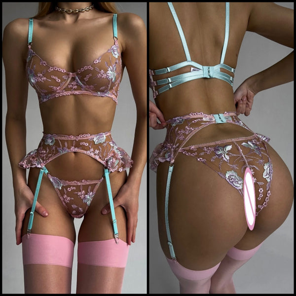 Women Mesh Floral Sexy Lingerie Set