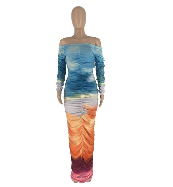 Women Sexy Off The Shoulder Multicolored Full Sleeve Ruched Maxi Dress