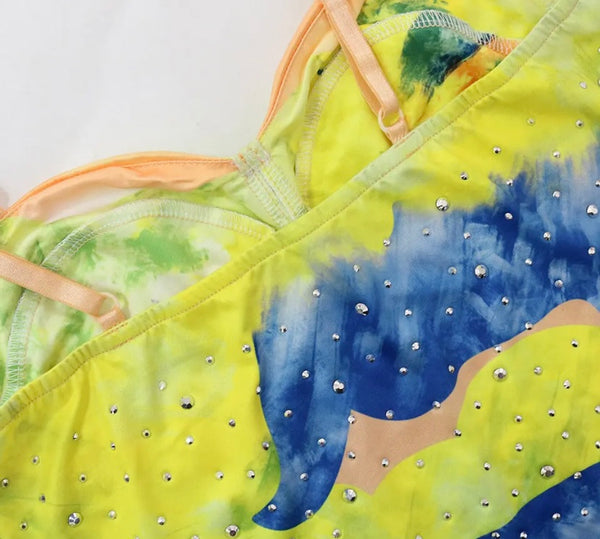 Women Sexy Sleeveless Colorful Print Bling Dress