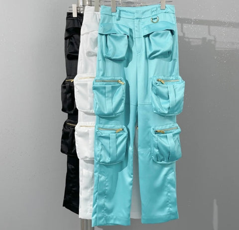 Women Zipper Pocket Fashion Satin Pants