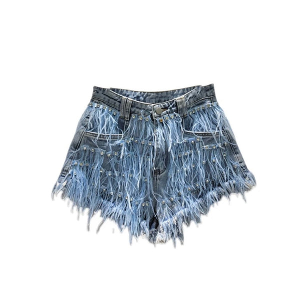 Women Rhinestone Feather Fashion Denim Shorts