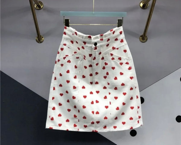 Women White Heart Print Fashion Denim Skirt