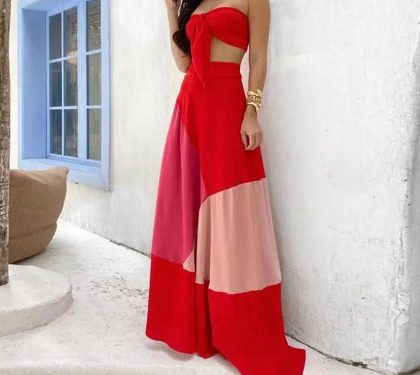 Women Sexy Tie Up Strapless Red Two Piece Maxi Skirt Set